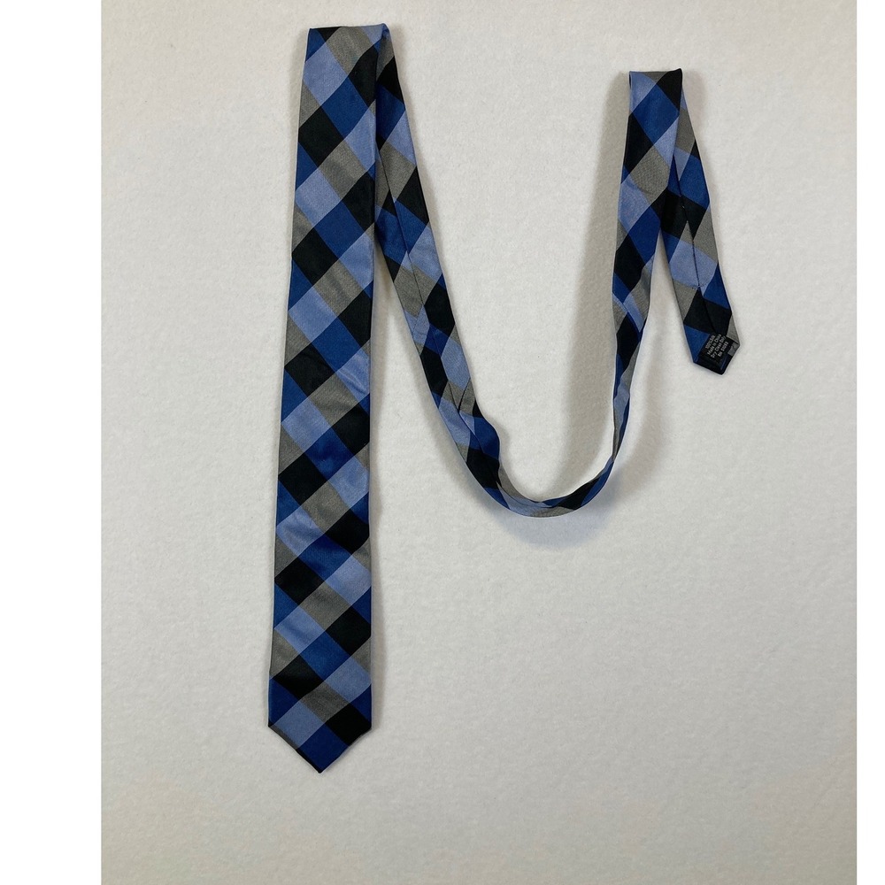 Haggar Silk Necktie Mens OS Blue Grey Black Buffalo Check Plaid Geometricβ Tie